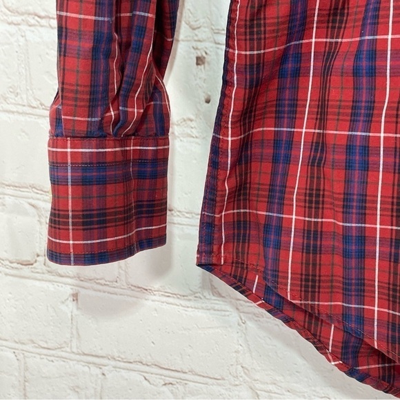 Nautica Shirt Mens Small Plaid Wrinkle Resistant Cotton Button Up Red Blue - Picture 6 of 9